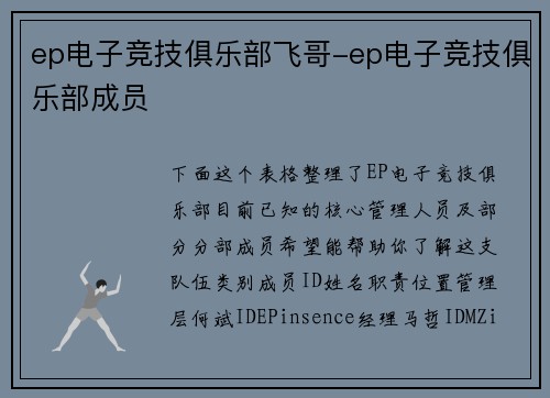 ep电子竞技俱乐部飞哥-ep电子竞技俱乐部成员